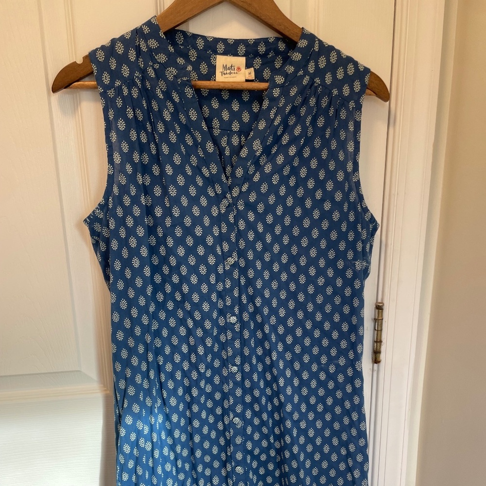 Mata Traders Blue Block Print Sleeveless Dress | Medium